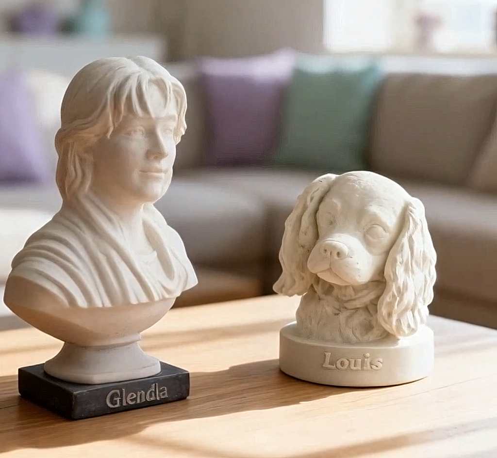 Custom 3D printed portrait busts of a person and a pet dog named Louis, handcrafted in Sydney