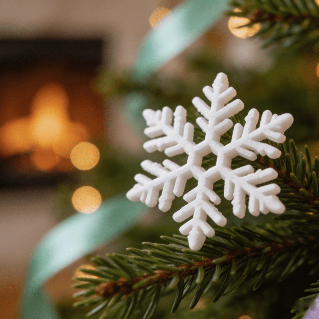 3D printed white snowflake ornament with mint green and lavender ribbons on a Christmas tree