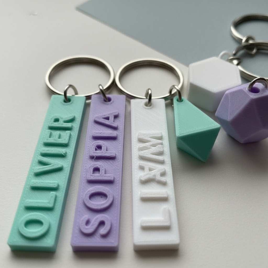 Personalised 3D printed name keychains and unique geometric keyrings in mint green, lavender, and white