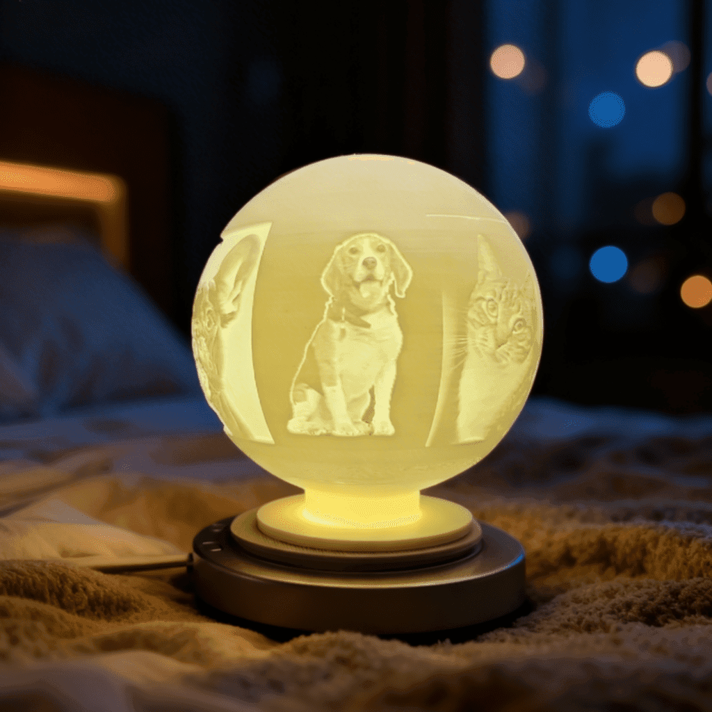 Glowing personalized lithophane lamp with dog and cat portraits, cozy bedroom nightlight